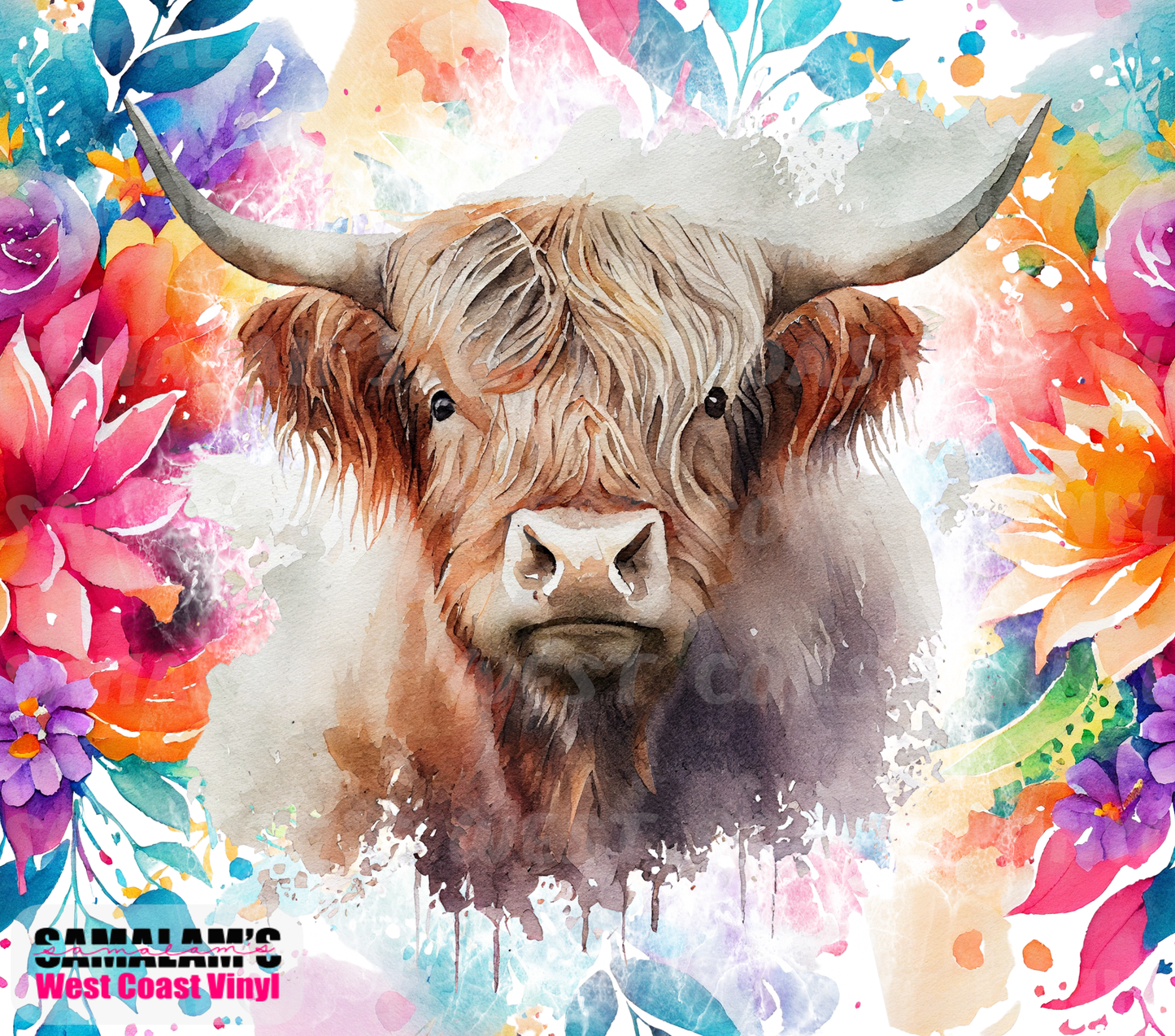 Watercolour Floral - Highland Cow - Tumbler Wrap
